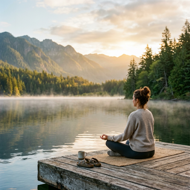 Innere Ruhe finden – Frau am See bei Sonnenaufgang